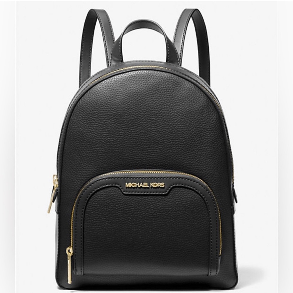 New Michael Kors Black Jaycee Medium Pebbled Backpack with Gold Logo